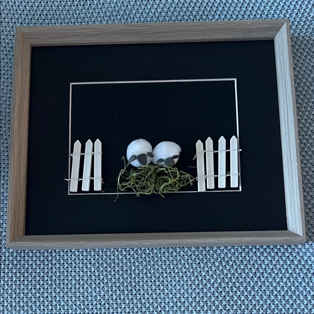 Framed Sheep Art with Wooden Fence
